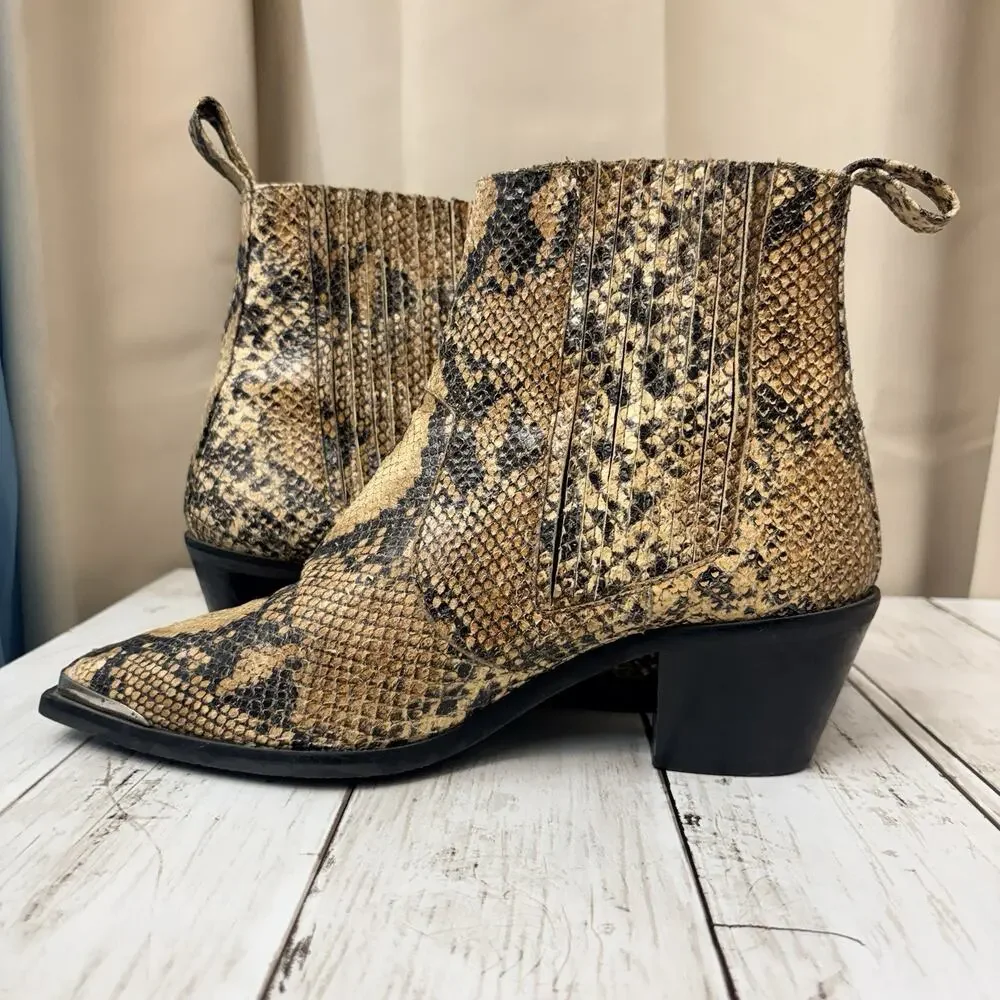 Flattered Snakeskin Boots Tan Black Python Western Ankle Booties EU 38 US 7.5